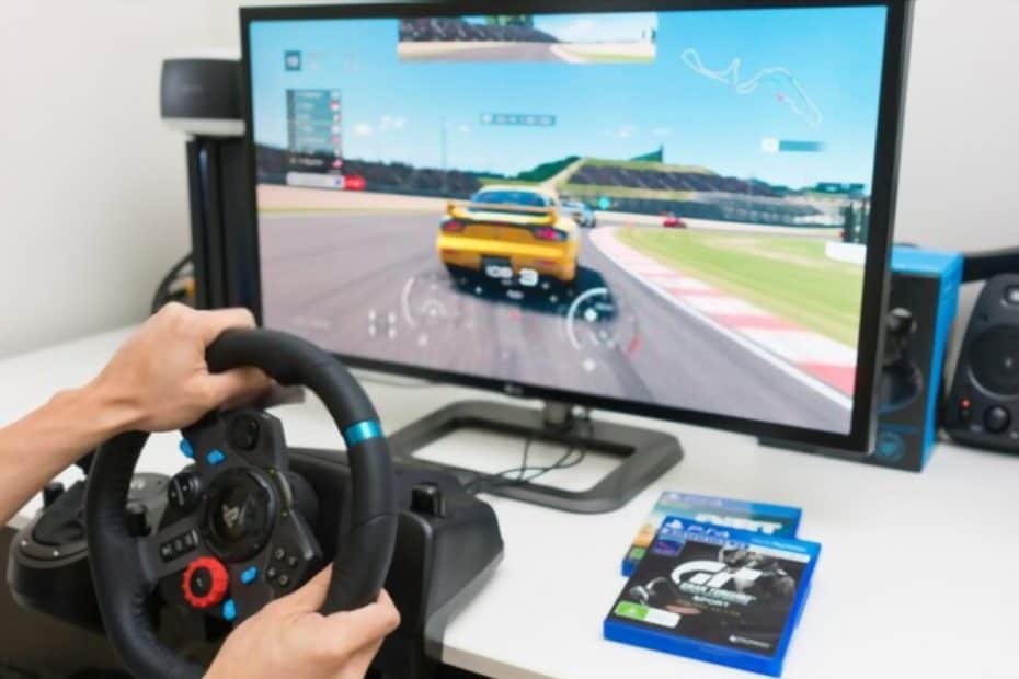 playing Gran Turismo Sport on PlayStation 4 Pro with steering wheel